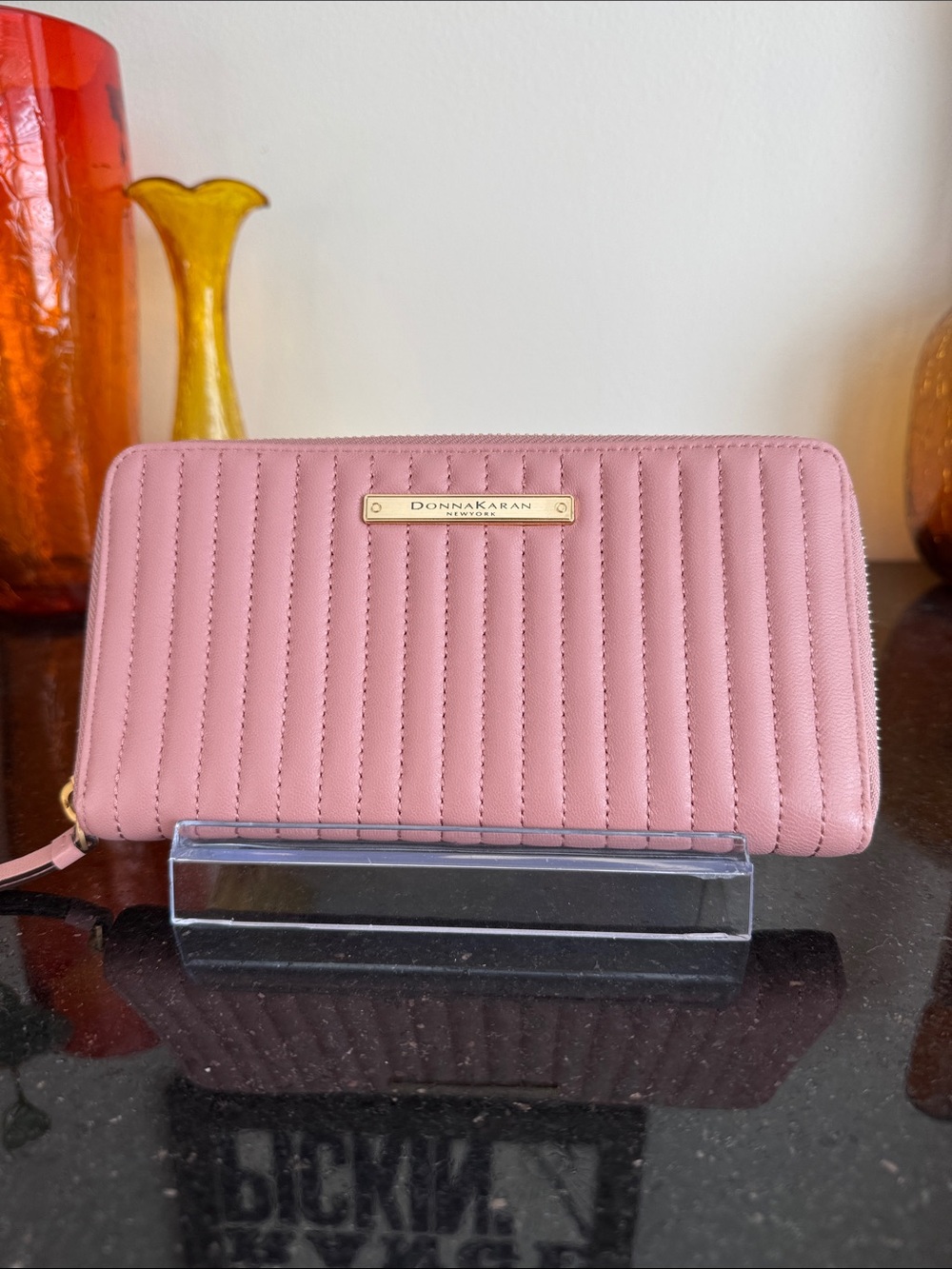 Donna Karan Rose Quilted Zip-Around Wallet with Gold Plaque